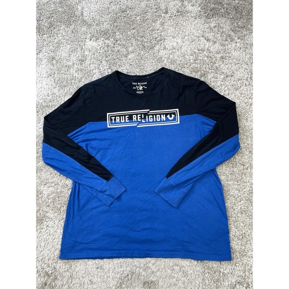 True Religion Shirt Mens 2XL Blue Black Splice Long Sleeve Colorblock Logo Tee - Picture 1 of 11